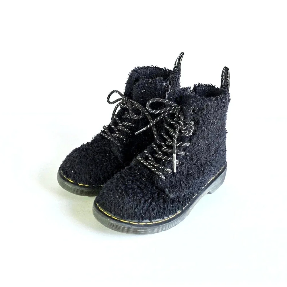 DR MARTENS Junior 1460 Pascal Tinsel Fur Lace Up Boots Black 12 29 Sparkly Girls